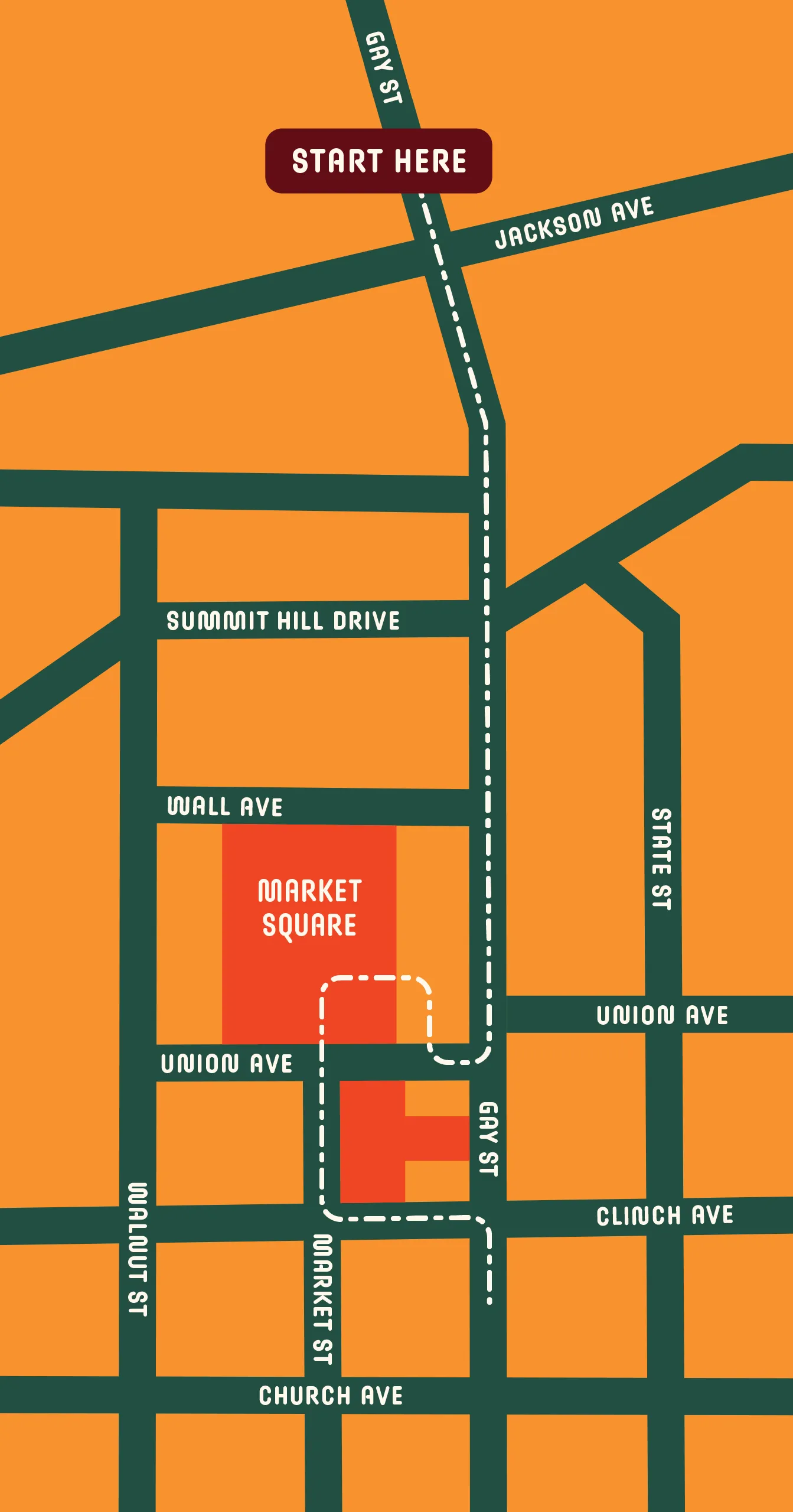 Map of Knoxville scavenger hunt locations with bronze newt landmarks
